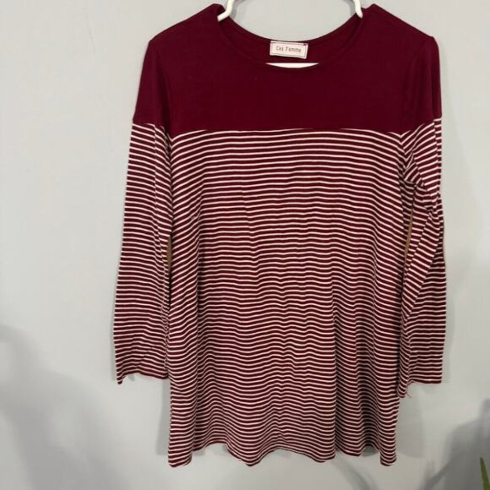 Ces Femme Dark Red & White Stripe Elbow Patch Pullover Top Women's Size Medium